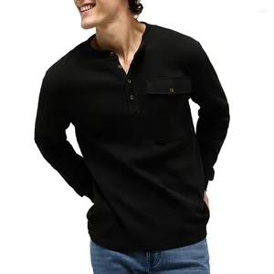 T-shirts pour hommes 2024 printemps décontracté à manches longues boutonné col rond hauts mode couleur unie gaufré T-shirt pour hommes bas pull