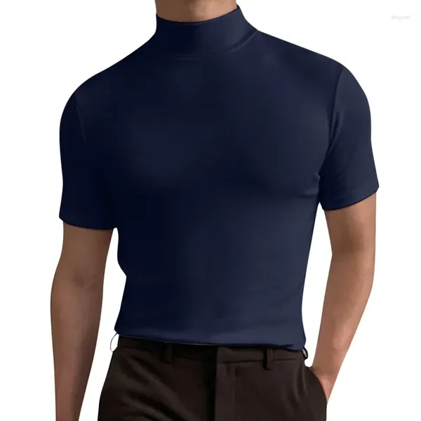 T-shirts pour hommes 2024 printemps/été col haut décontracté mode ample à manches courtes t-shirt sous-couche couleur unie polyvalent haut personnalisé