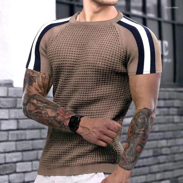 Camisetas para hombres 2024 Primavera Verano Manga corta Waffed Camiseta casual Ropa para hombre Moda Rayas Patchwork Tees para hombres Leisre Suelto