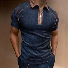 Camisas masculinas 2024 primavera/verão camisetas moda casual polo camisa de manga curta bloco de cor com zíper camiseta roupas superiores