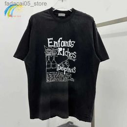 T-shirts masculins 2024 Summer Classic Print Retro Wash Black Erd T-shirt Mens Hip Hop Dommage cassé Sleeve courte Q240425
