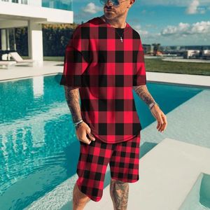 T-shirts Voor Heren 2024 Zomer Mode Tweedelige Set Korte Mouw Shorts Losse Plaid Print Eenvoudig Buiten Dagelijks Toevallig Sweatshirt