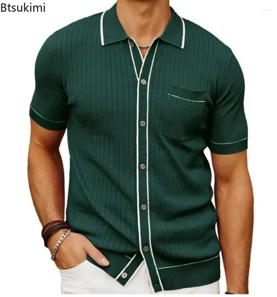 Camisetas para hombres 2024 Polo de manga corta de verano con botón frontal Vestido de oficina formal de punto sólido Tops casuales masculinos