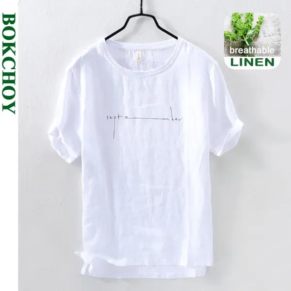 T-shirts pour hommes 2024 Été Simple Chemise en lin pur pour hommes Mince Couleur unie Respirant Slim Vêtements Streetwear C3316