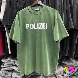 T-shirts masculins 2024 Vintage Grn Polizei T-shirt Men Femmes Doub t Break Details Tops Oversize Wash Short Seve H240507