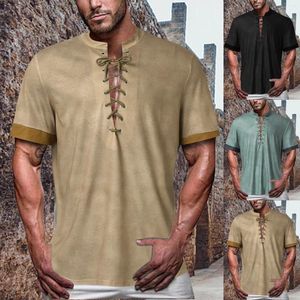 Mannen T-shirts 2024 Vintage Henley Shirt V-hals Lace Up Victoriaanse Top Korte Mouw Oversize Mannen Harajuku Kleding Streetwear homme