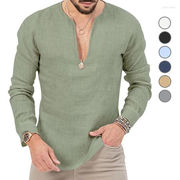 Camisetas para hombre, camisa de manga larga de invierno 2024, camiseta de ocio de algodón Tropical y lino con cuello en V profundo, Color sólido, talla grande