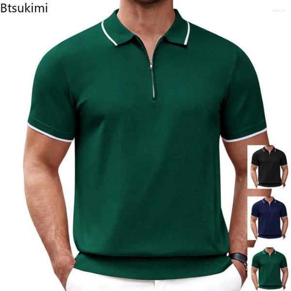 Camisetas para hombre 2024, Polo tejido de verano para hombre con cremallera y cuello en V, camiseta Formal de negocios sólido corto de manga, camisetas informales transpirables para hombre