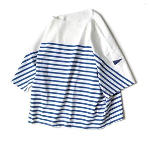 T-shirts masculins 22SS Kapital Hirata Hiroshi Bleu et blanc Couleur rayée correspondant à trois drapeau rond Col à manches courtes t-shirts à manches