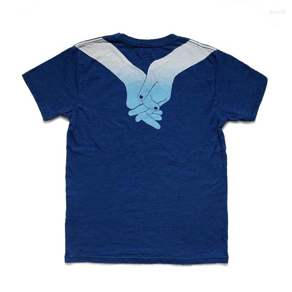 T-shirt da uomo 23SS KAPITAL Tintura blu Lavaggio sfumato a mano Stampa Girocollo allentato T-shirt casual a maniche corte per uomo e donna