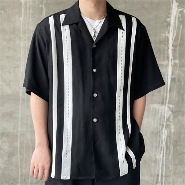 Hommes t-shirts 23SS revers Wacko Maria Stripe hommes femmes noir blanc Patchwork hawaïen petit haut t-shirt Hip Hop vêtements