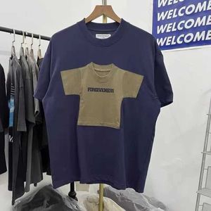 T-shirts masculins 24SS Patchwork Clothing T-shirt Blue Abricot Crew Neck Mens Womens High Quality Tops T-shirt J240402