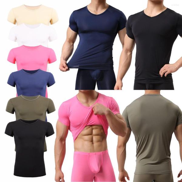 T-shirts pour hommes 2PCS Sous-vêtements transparents pour hommes Manches courtes Ice Silk Basic Sexy Fitness Bodybuilding Voir à travers les sous-vêtements Chemise de sport