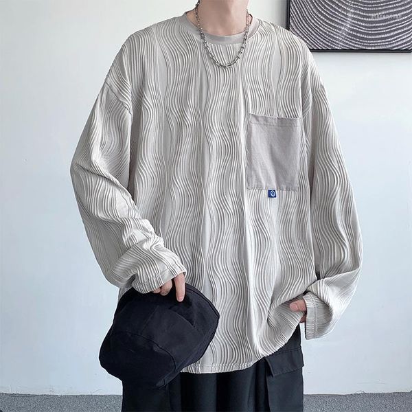 Hommes T-shirts 3d Plis Texture Automne Hiver À Manches Longues Hommes Chemise Lâche Style Coréen O Cou Mode Casual Vêtements Surdimensionnés Tops Blanc