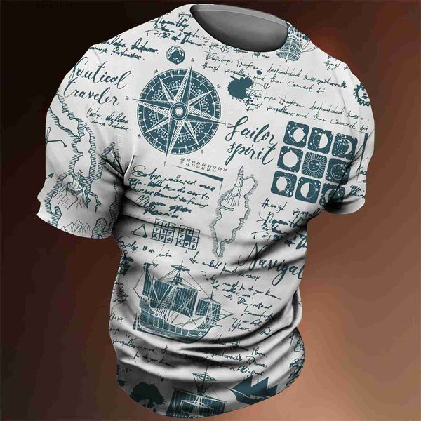 Camisetas para hombres Camiseta con estampado náutico 3D Hombres Patrón de brújula Tops Cuello redondo Ts Sudadera de gran tamaño Cool Strtwear Ropa de moda barata Y240314