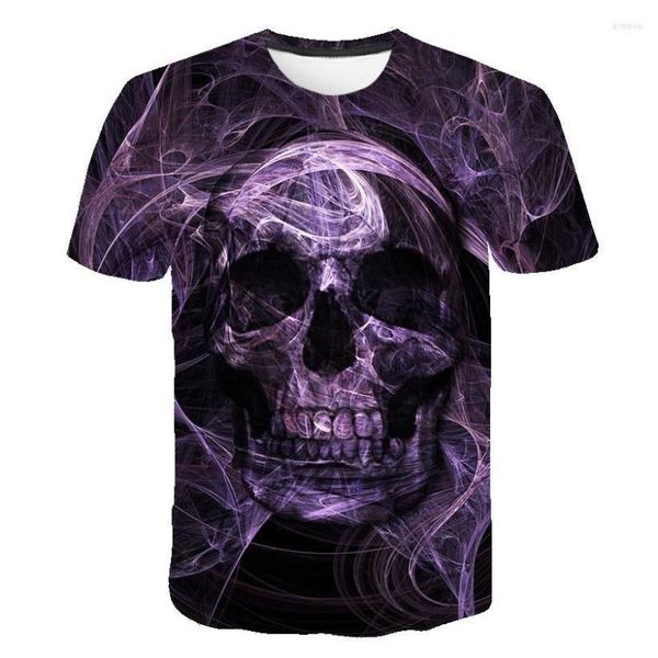 Camisetas con estampado 3D para hombre, camiseta de manga corta con estampado de calavera morada para hombre/mujer, ropa de calle Hop, camiseta con cuello redondo, Tops