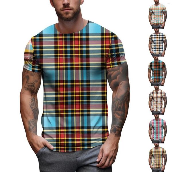T-shirts pour hommes Impression 3D et printemps été pour femmes Casual manches courtes col rond rayé éléments de grille pull Camisas de Hombre