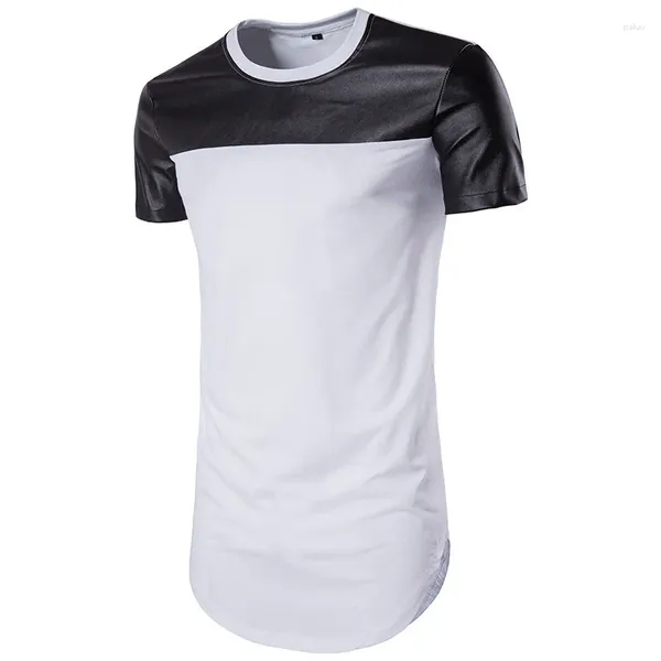 Camisetas para hombres #4136 verano empalmado PU camisa de manga corta hombres negro blanco largo hombre hip hop streetwear para hombre o-cuello