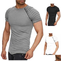 Heren T-shirts 5 kleuren Heren T-shirts Solid Slim Plooien Rits Mouw Mode Korte T-shirt O-hals Casual Kleding Streetwear Drop Deliv Dhvbz