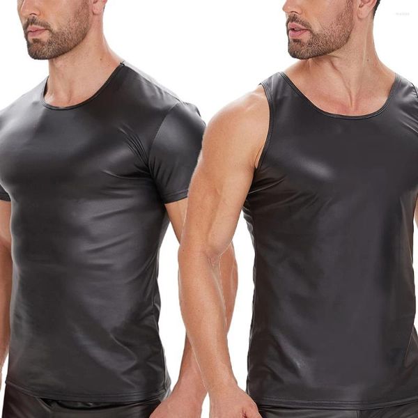 Camisetas para hombres 5XL Hombres Camisetas de cuero de imitación Black Skiny Fitness Tight Clubwear Gothic Streetwear Trajes Trajes de rendimiento de escenario