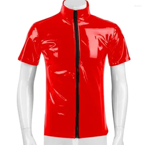 Camisetas para hombre 7XL, camisetas de PVC de cuero PU para hombre, ropa de calle, pantalones cortos de manga con cremallera, ropa de fiesta para Fitness, ropa para discoteca, camisetas Vintage brillantes