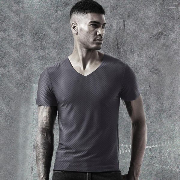 T-shirts pour hommes 897504629 T-shirt en soie glacée pour hommes, couleur unie, manches courtes, cultiver le mouvement de remise en forme, été, col en v, sueur, loisirs