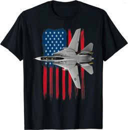 T-shirts pour hommes Un F-14 Tomcat de la marine patriotique et le drapeau américain. T-shirt à manches courtes pour hommes en coton décontracté à col rond