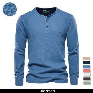 T-shirts voor heren Aiopeson Waffle Henley T-shirt Men Lange mouw Basis Ademend heren Tops T-shirts herfst Solid Color T-shirt voor mannen 230203