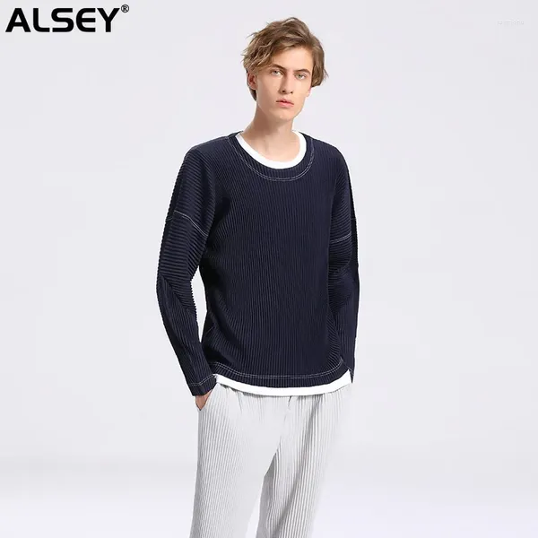 Camisetas para hombres ALSEY Miyake camisa plisada de manga larga moda Color sólido suelto diseñador delgado cuello redondo Top ropa 2024 otoño