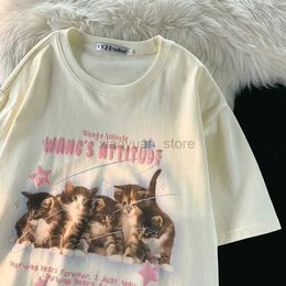 Camisetas para hombres Camiseta American Lindo Kitten Impreso Hombres gráficos y mujeres Fit tending par de tendencia retro casual con manga corta Y2K 240327
