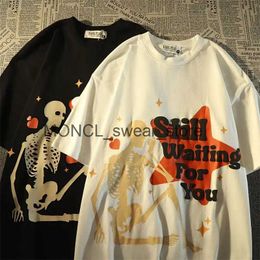 Camisetas para hombres Hiphop americano retro esqueleto algodón camisetas de manga corta hombres y mujeres verano suelto casual pareja viene y2k top ropaH2421