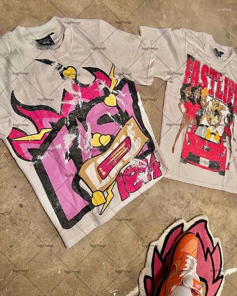 Camisetas para hombre, camiseta de gran tamaño con estampado de dibujos animados de calle alta de manga corta de algodón puro americano, camiseta holgada informal de estilo Hip-hop para mujer