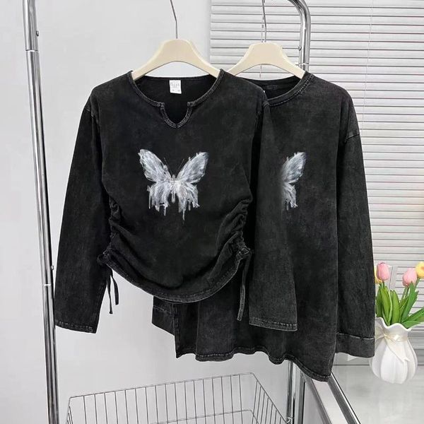 T-shirts pour hommes American Retro Butterfly Imprimé T-shirt à manches longues en détresse Fille Court Cordon Nombril-baring Couple Tops