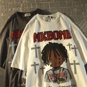 T-shirts masculins American Retro High Street Cross Cartoon Personnages à manches courtes T-shirts Men et femmes Summer Ins Loose Oversize Tops Vêtements 230418