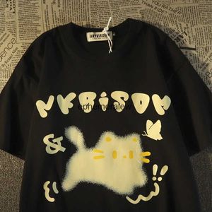 T-shirts hommes American Retro Preppy Style Chaton Motif T-shirt Hommes et femmes Couple Tenue Été Lâche Harajuku Haut à manches courtes Y2KH24220