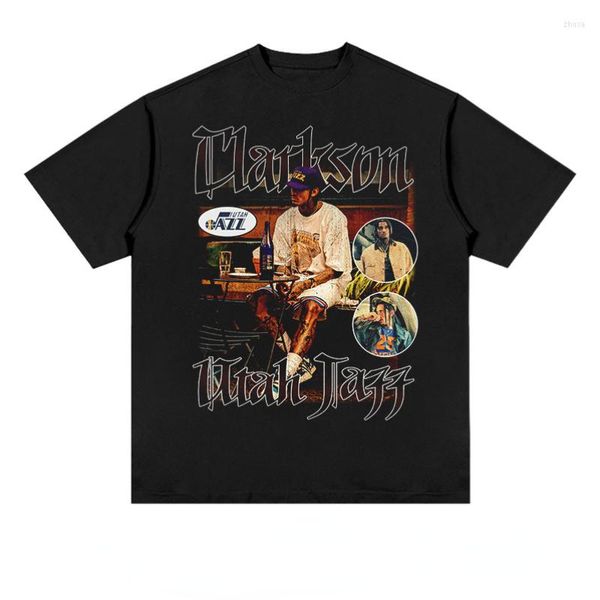 T-shirts pour hommes T-shirt rétro américain Clarkson Pistons Basketball Star Print Manches courtes High Street Wash T-shirts usés Tendance Chemise surdimensionnée