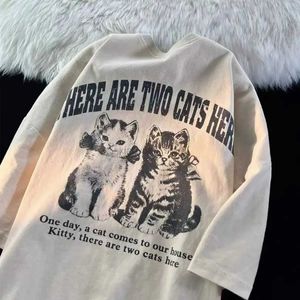 T-shirts pour hommes American Retro Washed Old Cat Print Hommes et femmes à manches courtes Style lâche Hong Kong Col rond Top Couple Vêtements 240319