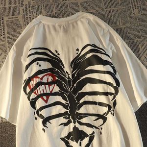 Heren T-shirts American Street Love Skeleton Cotton Kort Mouw T-Shirt Men Summer Ins Loose European and American Style Hip Hop Top Harajuku G230303