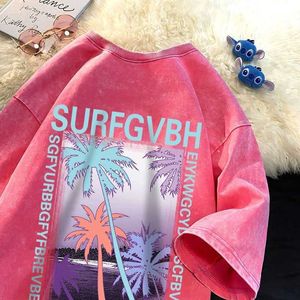 Heren T-shirts American Street T-shirt met korte mouwen voor de zomer Pink Couple Water Wash Modemerk Trendy Cotton 5/4