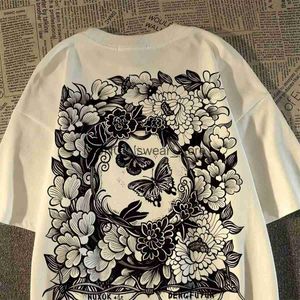 T-shirts voor heren Amerikaans stijl Retro Flower Butterfly Gedrukt T-shirt voor mannen en vrouwen Summer Fashion Trend comfortabel paar korte mouwen top H240408