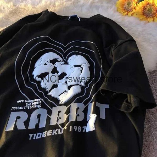 Camisetas para hombres Estilo americano Retro Camiseta con forma de corazón Rabbit Camiseta Hombres y mujeres Tendencia de la moda de verano Senedor de diseño de la pareja de los streetwear Top H240408