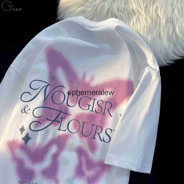 Camisetas para hombres Americano dulce y fresco estampado de mariposas de manga corta Hombres Mujeres Pareja suelta Vestido Diseño All-Match Niche TopH24220