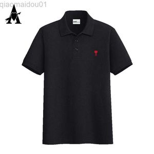 Camisetas para hombres AMI AMORING Marca Classic Peach Heart A Print Polo Shirts Mens Bussiness asual Loose Pure Cotton Camiseta de manga corta Streetwear L230707