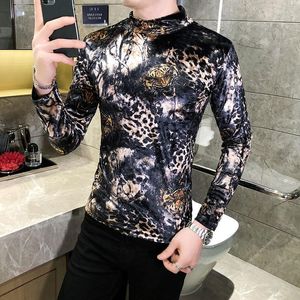 Hommes t-shirts imprimé Animal chemise Homme Club tenue hommes luxe velours coupe ajustée à manches longues col roulé 2023 automne