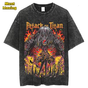 Heren T-shirts Anime Attack on Titan T-shirts Vintage zuur gewassen T-shirt oversized casual zomer 100% katoenen tee mode streetwear uisex top 230812