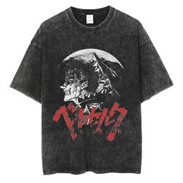 T-shirts voor heren Anime Berserk T-shirt met print Zwart 100% katoenen t-shirts Guts Washed Retro T-shirt Y2k Shirts met korte mouwen Zomer Streetwear Tops 230413