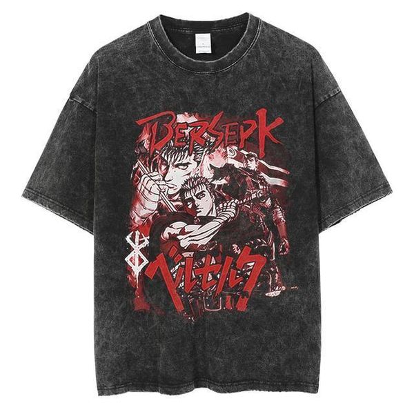 Camisetas para hombre Camiseta con estampado de Anime Berserk, camisetas negras 100% de algodón, camiseta Retro lavada con tripas, camisas de manga corta Y2k, ropa de calle de verano, Tops 372