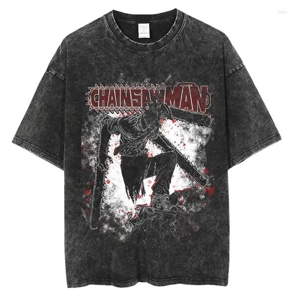 Camisetas para hombre Anime Chainsaw Man Men T-shirtd Cotton Washed Shirt Unisex Streetwear Retro Tees Harajuku Casual Pochita Tops Y2K Ropa