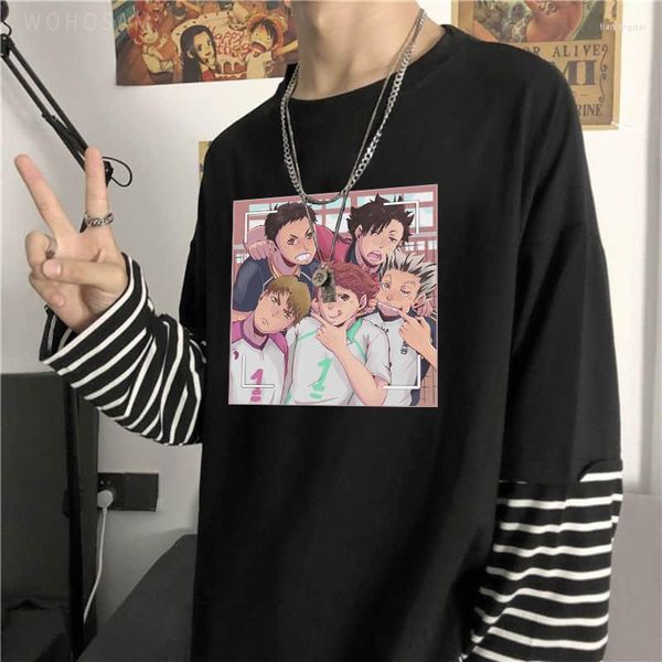 T-shirts pour hommes Anime Haikyuu Chemise Esthétique Harajuku Dessin animé Volleyball Junior Streetwear Été Unisexe Oversize Manches longues Stripe