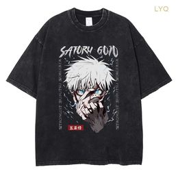 T-shirts pour hommes Anime Jujutsu Kaisen T-shirt Vintage T-shirt lavé Gojo Satoru T-shirt imprimé graphique 100% coton été rétro t-shirts à manches courtes